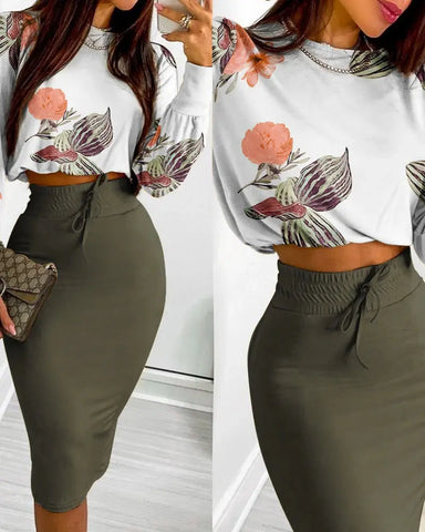 2 Pieces Floral Print Blouse Skirt Set - Browsglamour