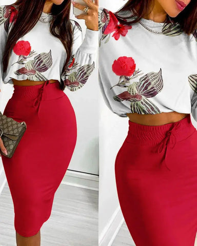 2 Pieces Floral Print Blouse Skirt Set - Browsglamour