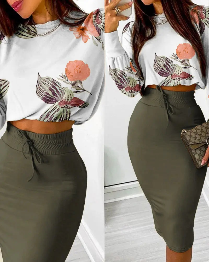 2 Pieces Floral Print Blouse Skirt Set - Browsglamour