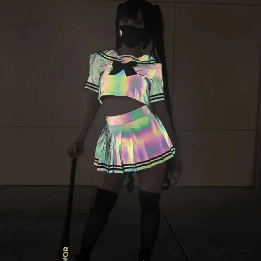 2024 Summer Women Colorful Reflective Sailor Suit Y2K Harajuku Style 2 Pieces Sets Tops+Mini Pleated Skirts conjuntos para mujer - Browsglamour