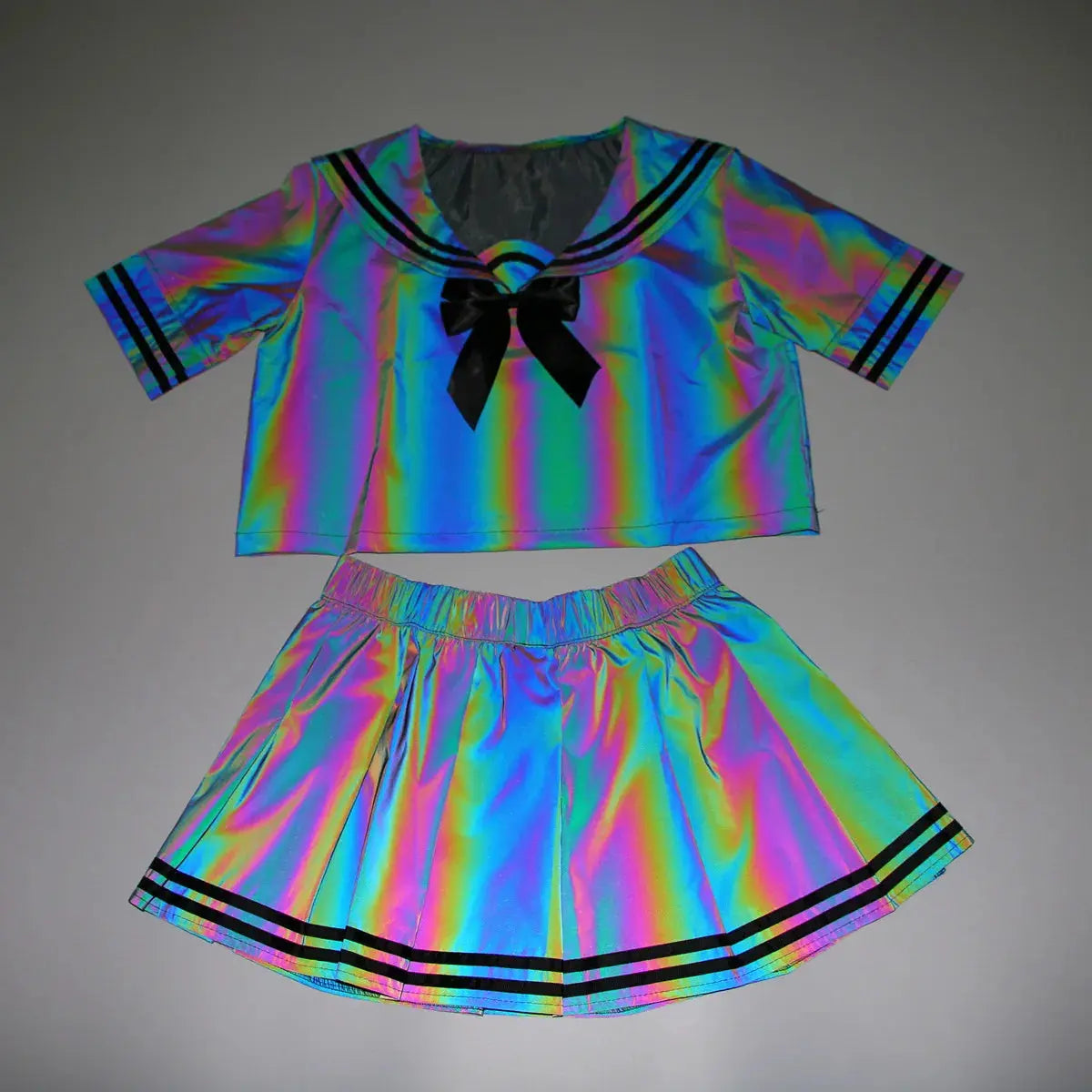 2024 Summer Women Colorful Reflective Sailor Suit Y2K Harajuku Style 2 Pieces Sets Tops+Mini Pleated Skirts conjuntos para mujer Browsglamour