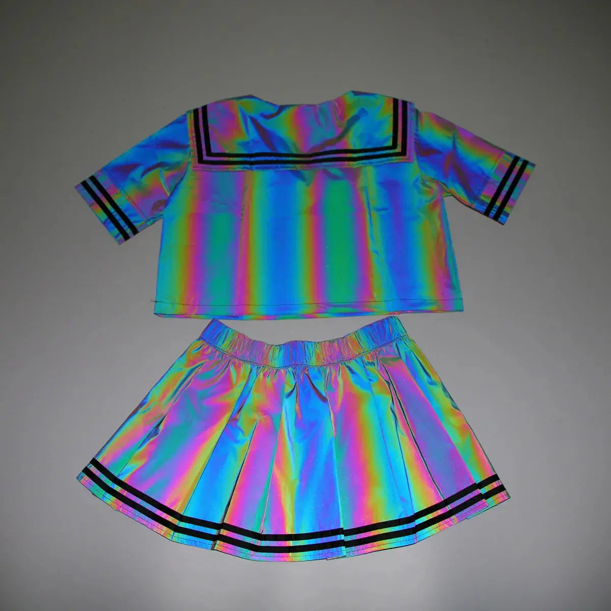 2024 Summer Women Colorful Reflective Sailor Suit Y2K Harajuku Style 2 Pieces Sets Tops+Mini Pleated Skirts conjuntos para mujer Browsglamour