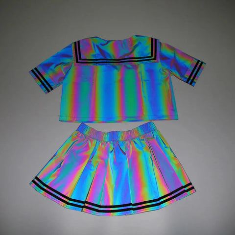 2024 Summer Women Colorful Reflective Sailor Suit Y2K Harajuku Style 2 Pieces Sets Tops+Mini Pleated Skirts conjuntos para mujer Browsglamour