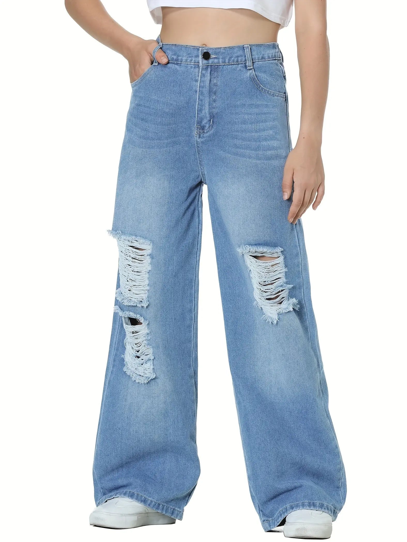 6-14Y Trendy Girls' Ripped Wide-Leg Jeans - Comfort-Fit With Deep Pockets - Everyday Denim Fashion Browsglamour