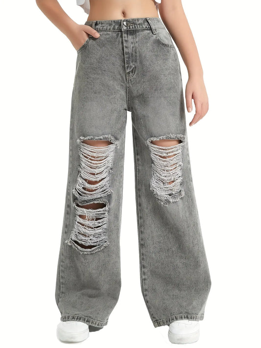 6-14Y Trendy Girls' Ripped Wide-Leg Jeans - Comfort-Fit With Deep Pockets - Everyday Denim Fashion Browsglamour