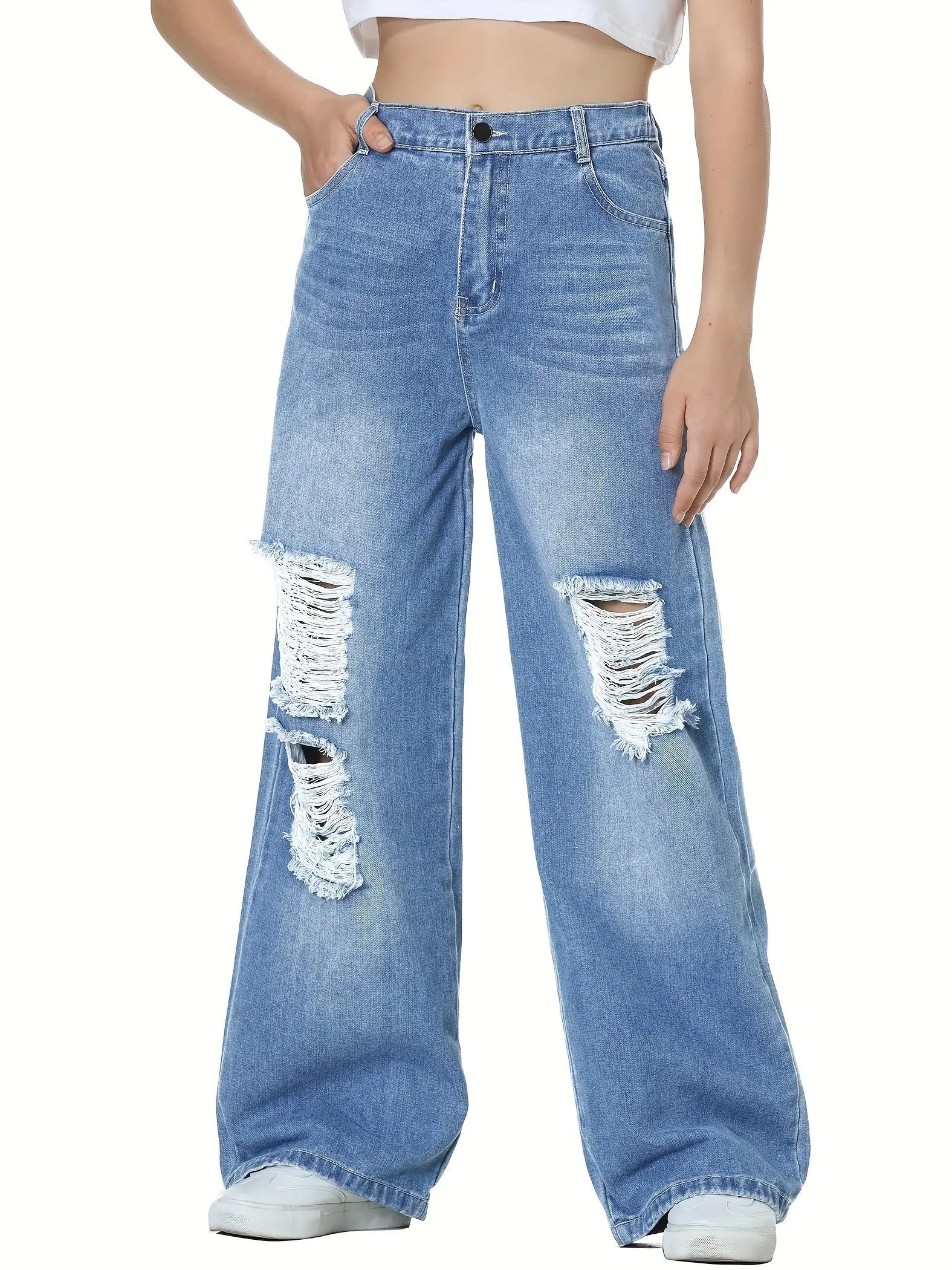 6-14Y Trendy Girls' Ripped Wide-Leg Jeans - Comfort-Fit With Deep Pockets - Everyday Denim Fashion Browsglamour