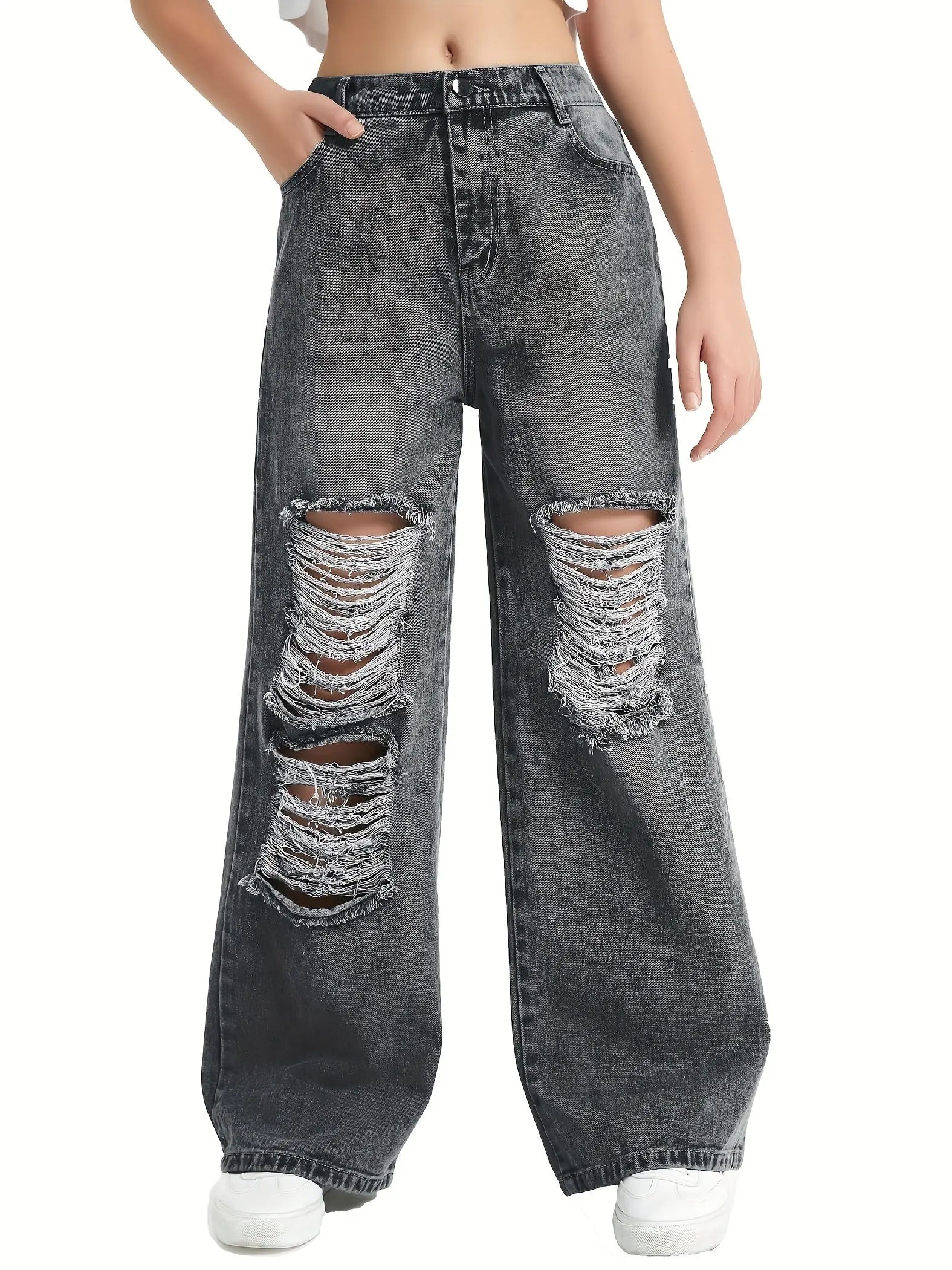 6-14Y Trendy Girls' Ripped Wide-Leg Jeans - Comfort-Fit With Deep Pockets - Everyday Denim Fashion Browsglamour