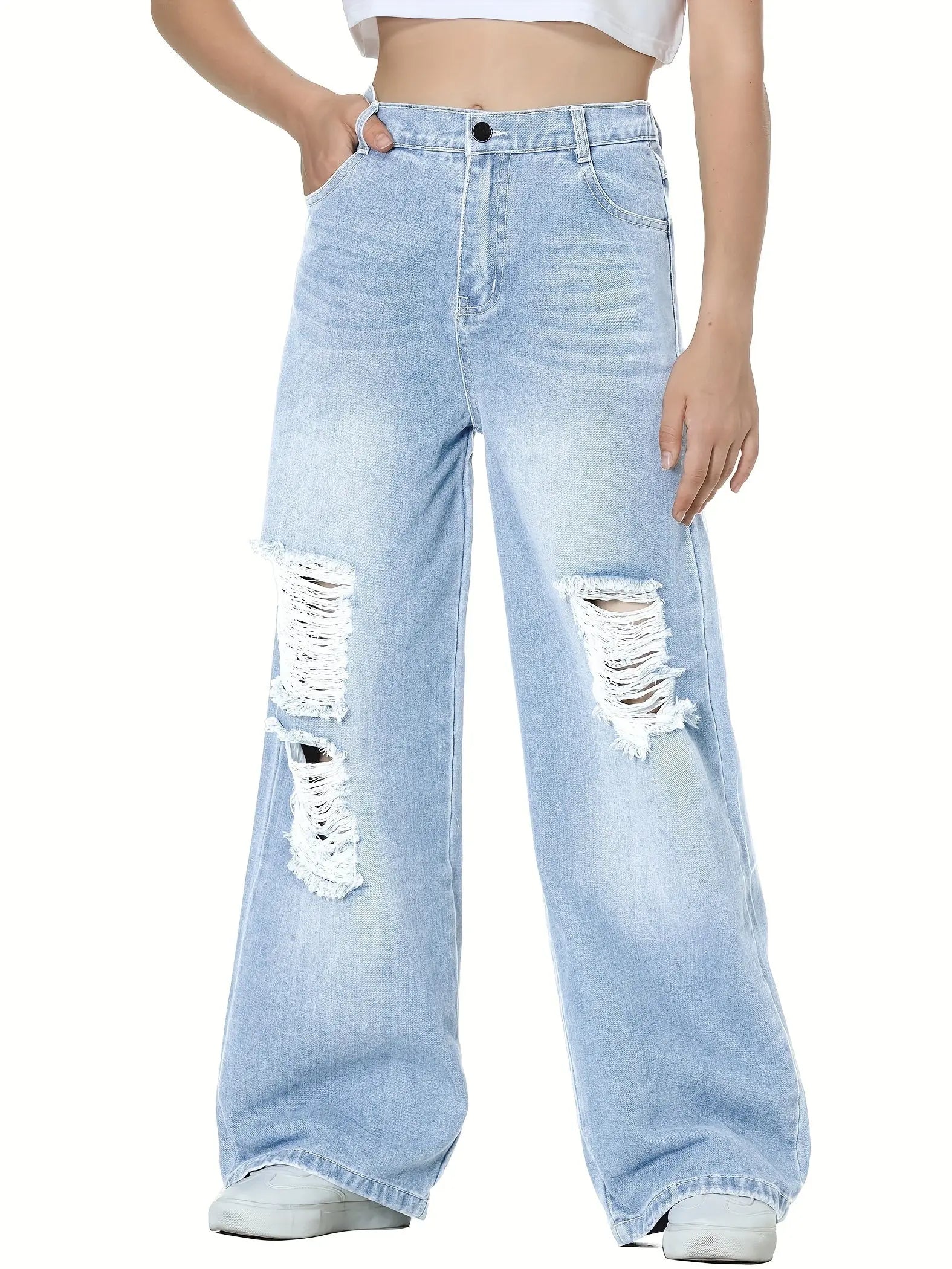 6-14Y Trendy Girls' Ripped Wide-Leg Jeans - Comfort-Fit With Deep Pockets - Everyday Denim Fashion Browsglamour