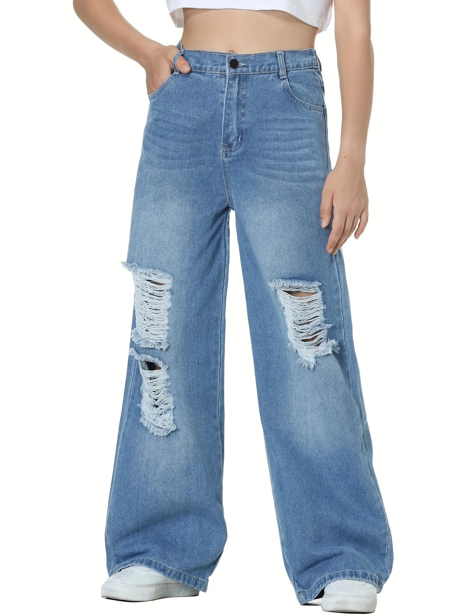 6-14Y Trendy Girls' Ripped Wide-Leg Jeans - Comfort-Fit With Deep Pockets - Everyday Denim Fashion Browsglamour