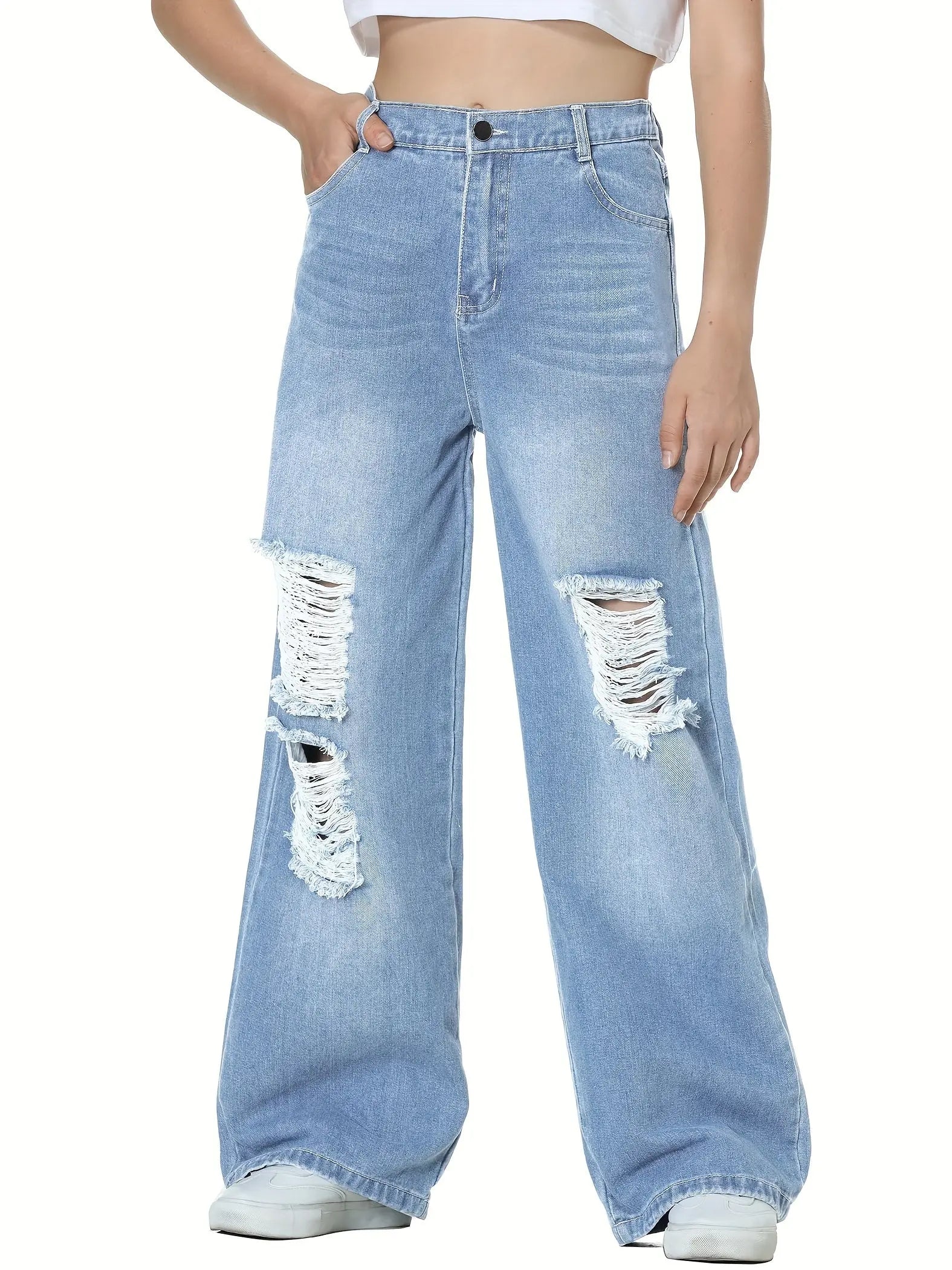 6-14Y Trendy Girls' Ripped Wide-Leg Jeans - Comfort-Fit With Deep Pockets - Everyday Denim Fashion Browsglamour