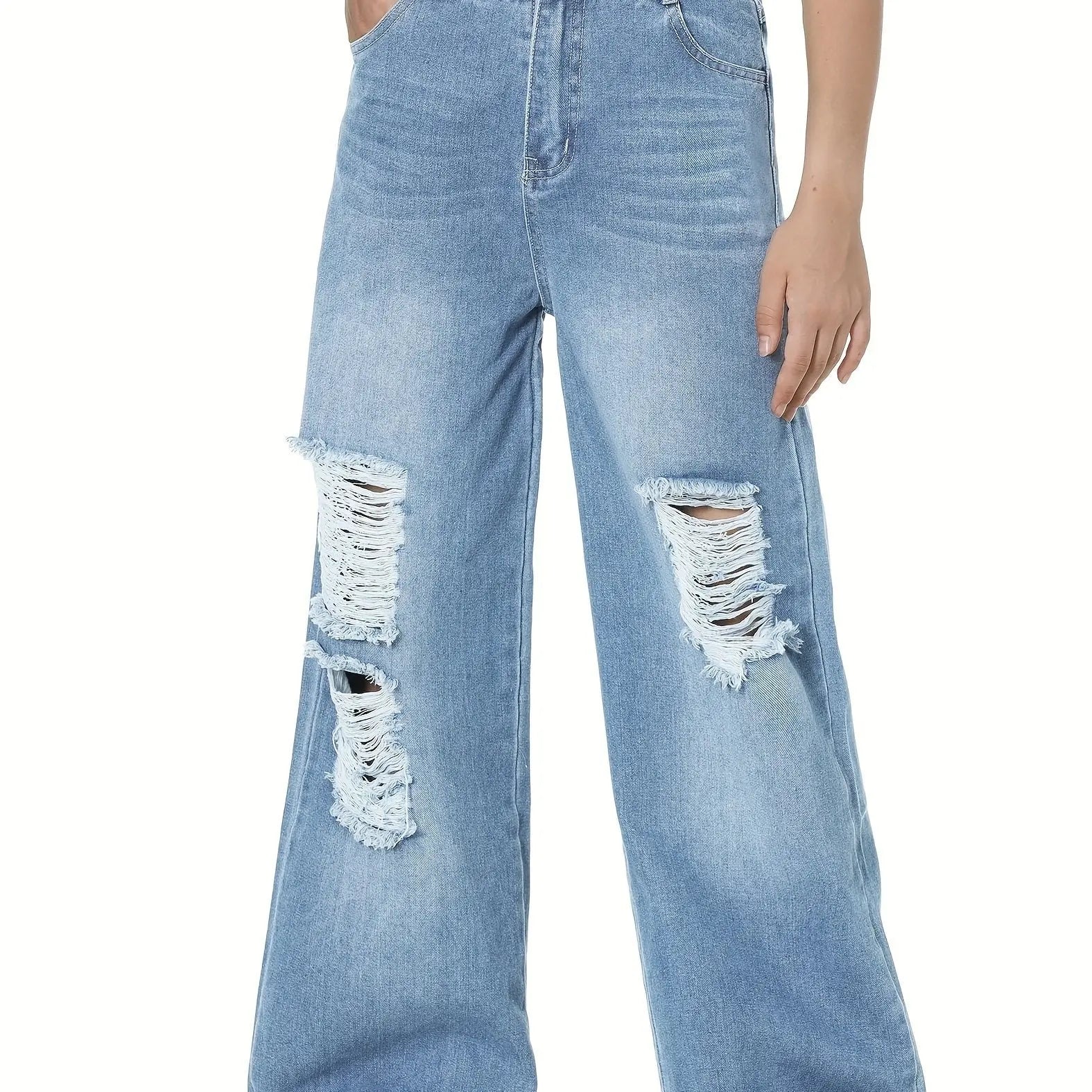 6-14Y Trendy Girls' Ripped Wide-Leg Jeans - Comfort-Fit With Deep Pockets - Everyday Denim Fashion - Browsglamour