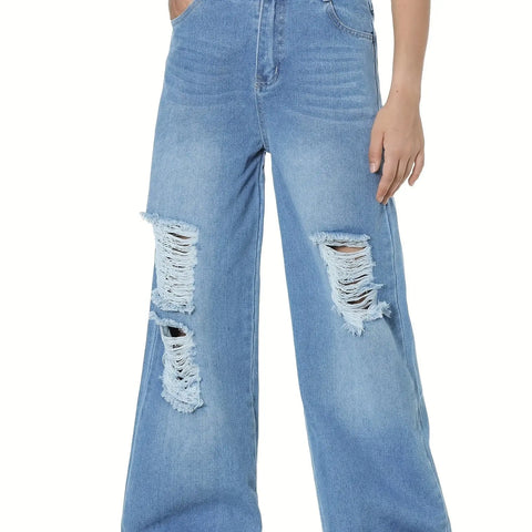 6-14Y Trendy Girls' Ripped Wide-Leg Jeans - Comfort-Fit With Deep Pockets - Everyday Denim Fashion - Browsglamour