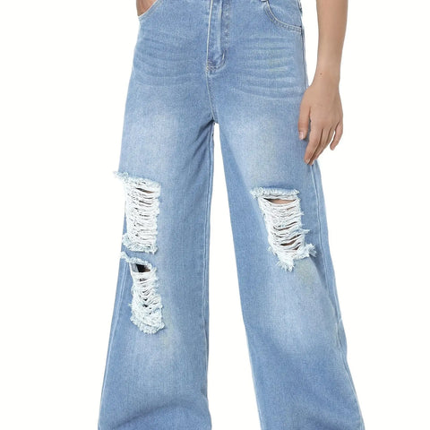 6-14Y Trendy Girls' Ripped Wide-Leg Jeans - Comfort-Fit With Deep Pockets - Everyday Denim Fashion - Browsglamour