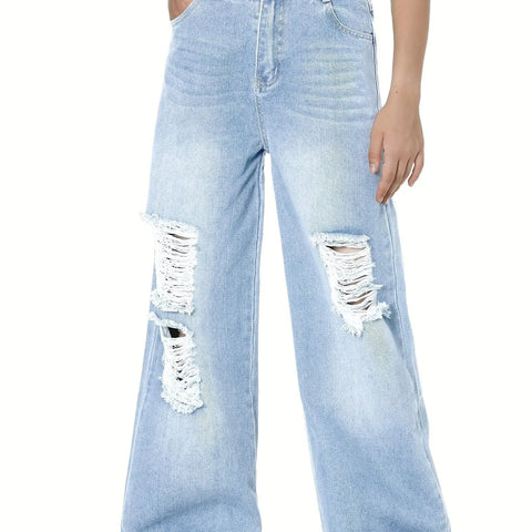 6-14Y Trendy Girls' Ripped Wide-Leg Jeans - Comfort-Fit With Deep Pockets - Everyday Denim Fashion - Browsglamour