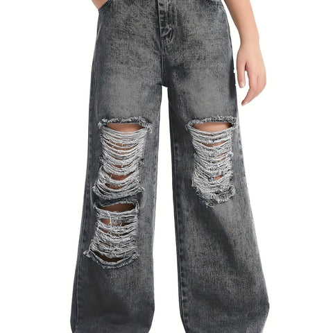 6-14Y Trendy Girls' Ripped Wide-Leg Jeans - Comfort-Fit With Deep Pockets - Everyday Denim Fashion - Browsglamour