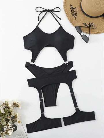 Black Sexy Belt Split Bikini Two Piece Swimsuit - Browsglamour