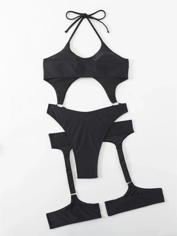 Black Sexy Belt Split Bikini Two Piece Swimsuit - Browsglamour