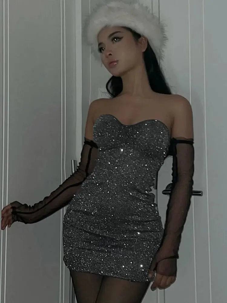 Bling Glitter Sequins Backless Ruched Bodycon Mini Dress - Browsglamour