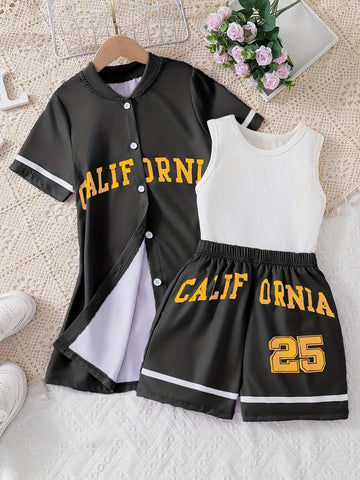 California Print Girls Sporty Outfit Sleeveless Top & Shorts & Cardigan T-Shirt Set, Girls 3pcs Browsglamour