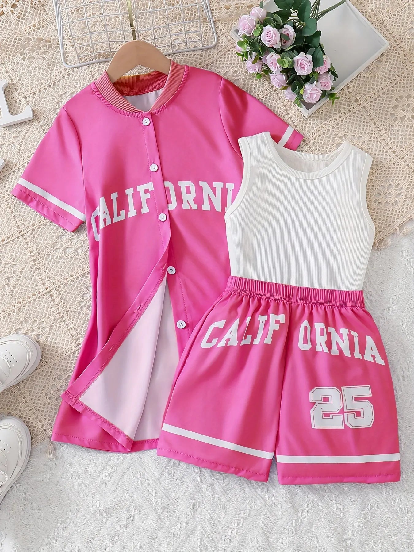 California Print Girls Sporty Outfit Sleeveless Top & Shorts & Cardigan T-Shirt Set, Girls 3pcs Browsglamour