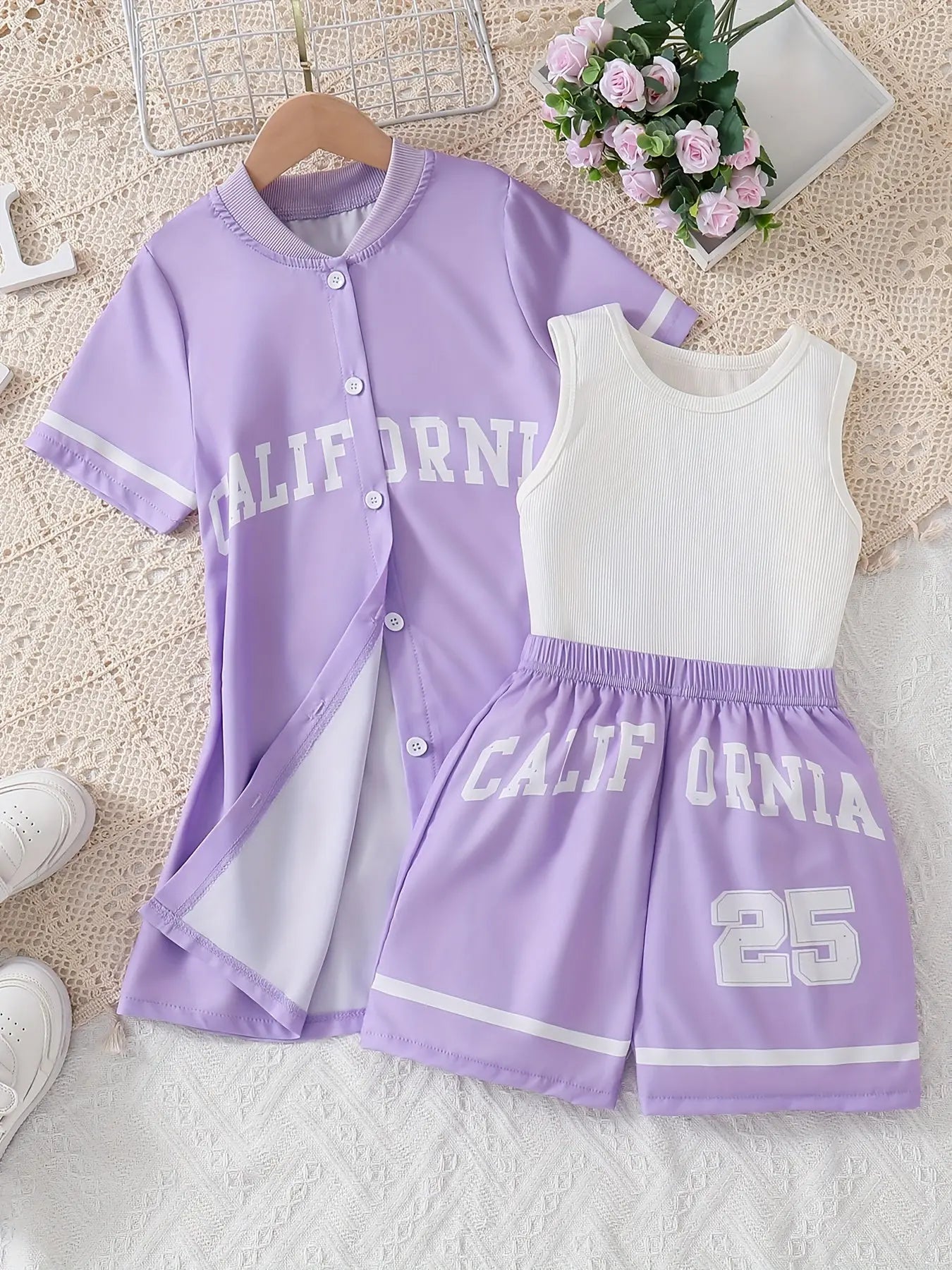 California Print Girls Sporty Outfit Sleeveless Top & Shorts & Cardigan T-Shirt Set, Girls 3pcs Browsglamour