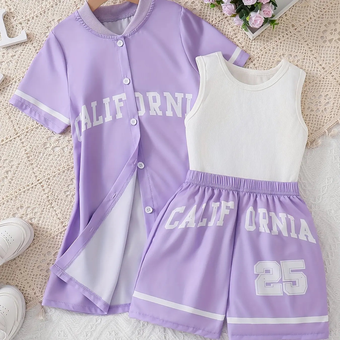 California Print Girls Sporty Outfit Sleeveless Top & Shorts & Cardigan T-Shirt Set, Girls 3pcs - Browsglamour