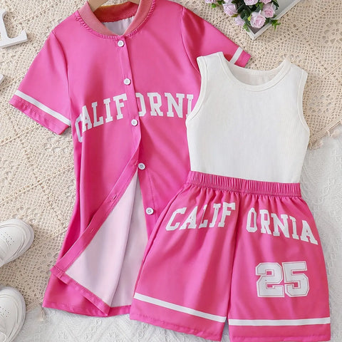 California Print Girls Sporty Outfit Sleeveless Top & Shorts & Cardigan T-Shirt Set, Girls 3pcs - Browsglamour