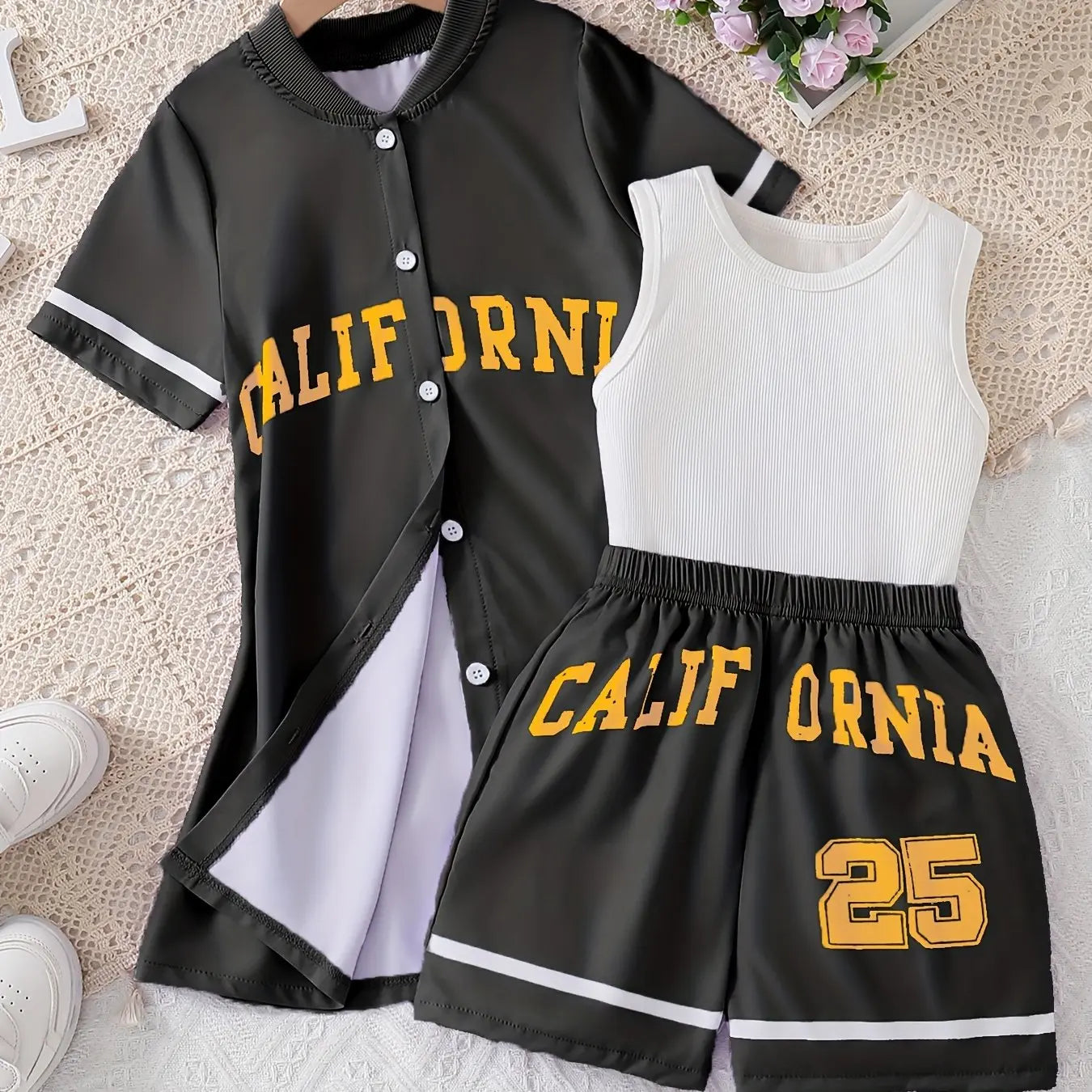 California Print Girls Sporty Outfit Sleeveless Top & Shorts & Cardigan T-Shirt Set, Girls 3pcs - Browsglamour