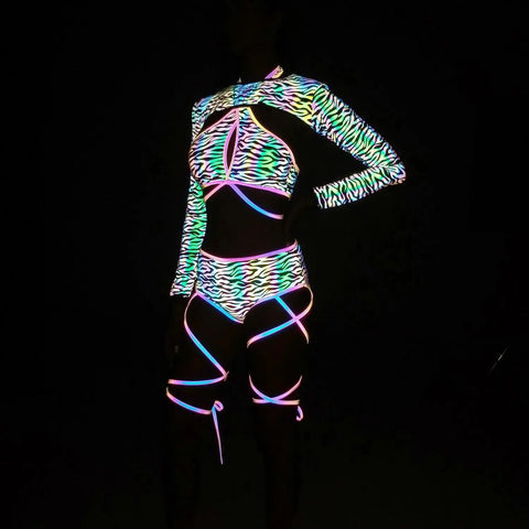 Colorful Reflective Rave Set Bandage Shorts+Bra+Crop Top - Browsglamour