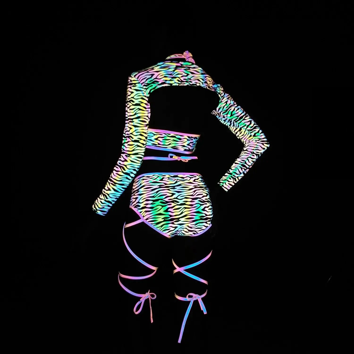 Colorful Reflective Rave Set Bandage Shorts+Bra+Crop Top - Browsglamour