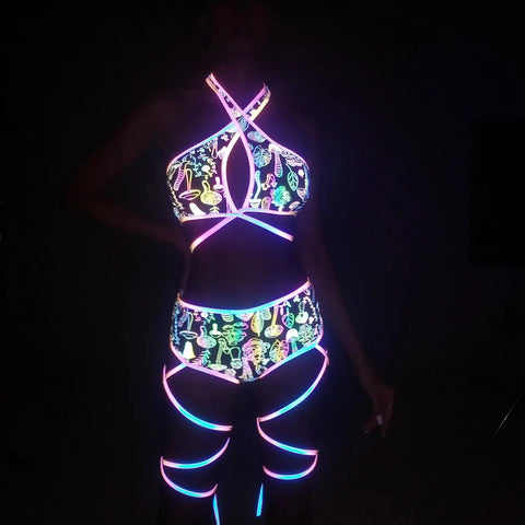 Colorful Reflective Rave Set Bandage Shorts+Bra+Crop Top - Browsglamour