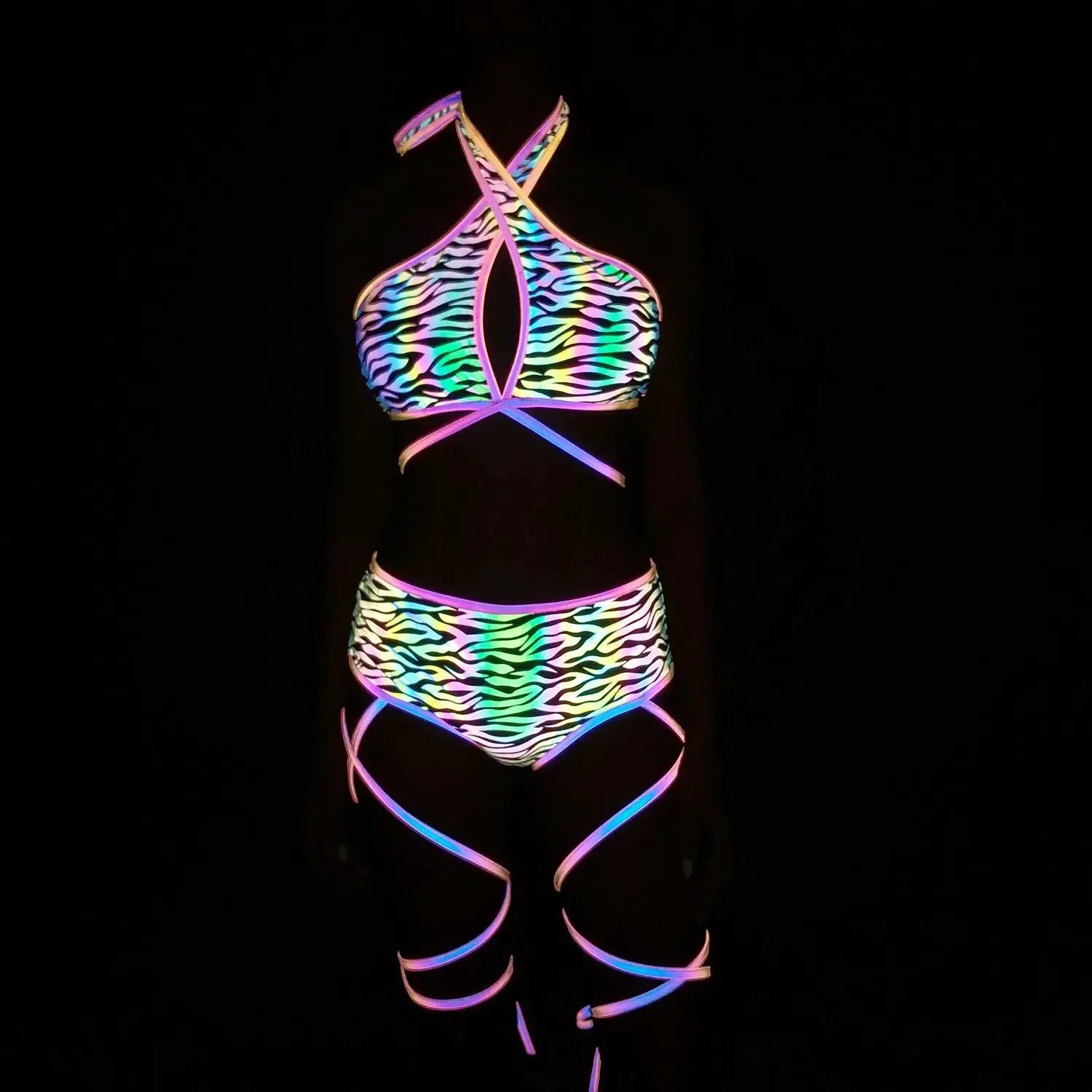 Colorful Reflective Rave Set Bandage Shorts+Bra+Crop Top - Browsglamour