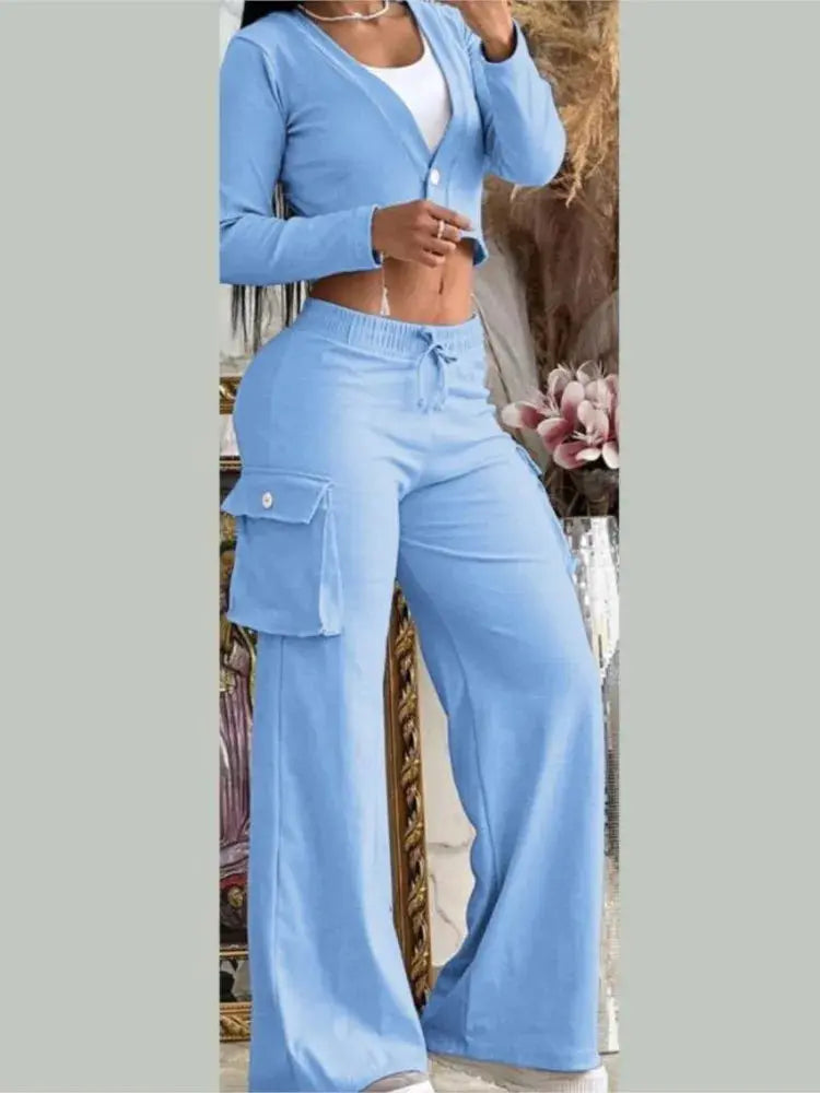 Designer Two-Piece Set Deep V-neck Button Long Sleeve Navel Exposed Top & Wide Leg Pants Casual Set - Browsglamour