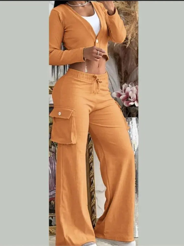 Designer Two-Piece Set Deep V-neck Button Long Sleeve Navel Exposed Top & Wide Leg Pants Casual Set - Browsglamour