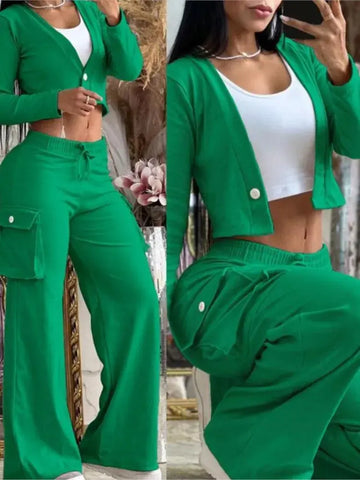 Designer Two-Piece Set Deep V-neck Button Long Sleeve Navel Exposed Top & Wide Leg Pants Casual Set - Browsglamour