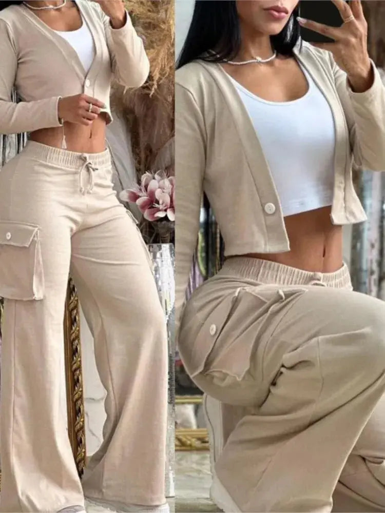 Designer Two-Piece Set Deep V-neck Button Long Sleeve Navel Exposed Top & Wide Leg Pants Casual Set - Browsglamour