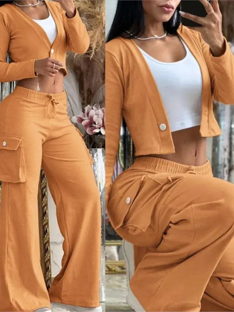 Designer Two-Piece Set Deep V-neck Button Long Sleeve Navel Exposed Top & Wide Leg Pants Casual Set - Browsglamour