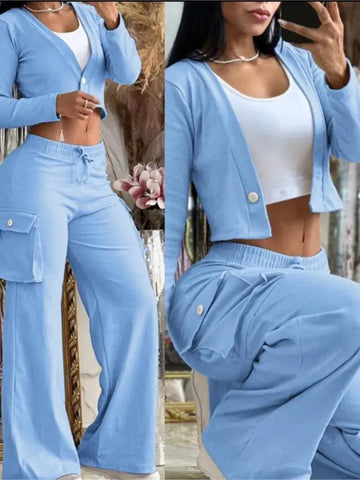 Designer Two-Piece Set Deep V-neck Button Long Sleeve Navel Exposed Top & Wide Leg Pants Casual Set - Browsglamour