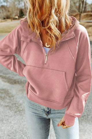 Double Take Half-Zip Thumbhole Sleeve Hoodie - Browsglamour