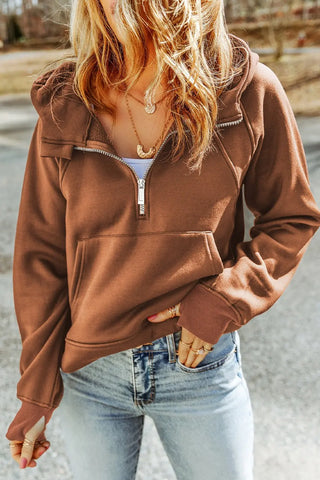 Double Take Half-Zip Thumbhole Sleeve Hoodie - Browsglamour