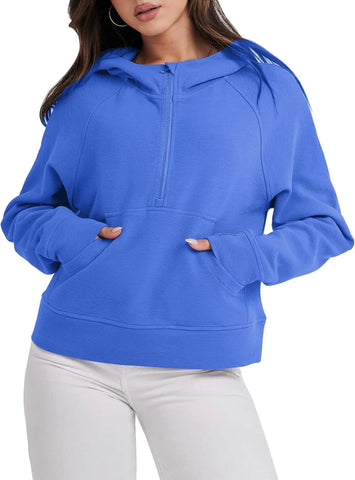 Double Take Half-Zip Thumbhole Sleeve Hoodie - Browsglamour