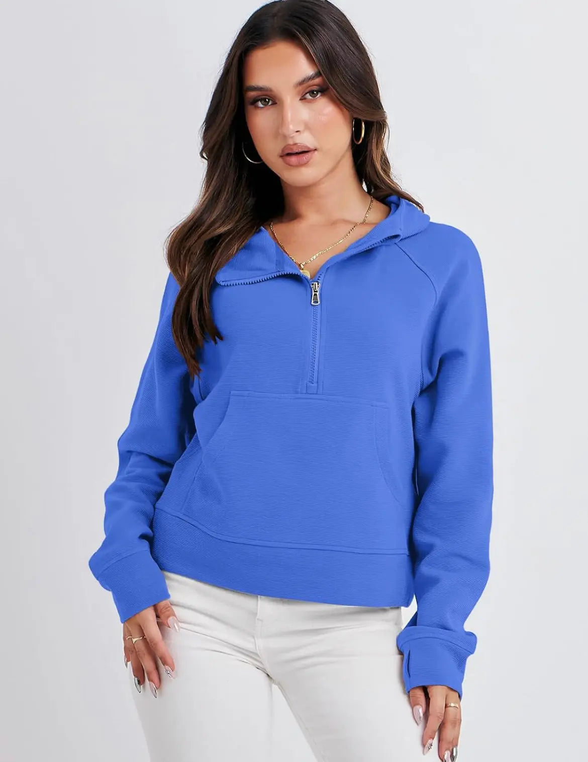 Double Take Half-Zip Thumbhole Sleeve Hoodie - Browsglamour