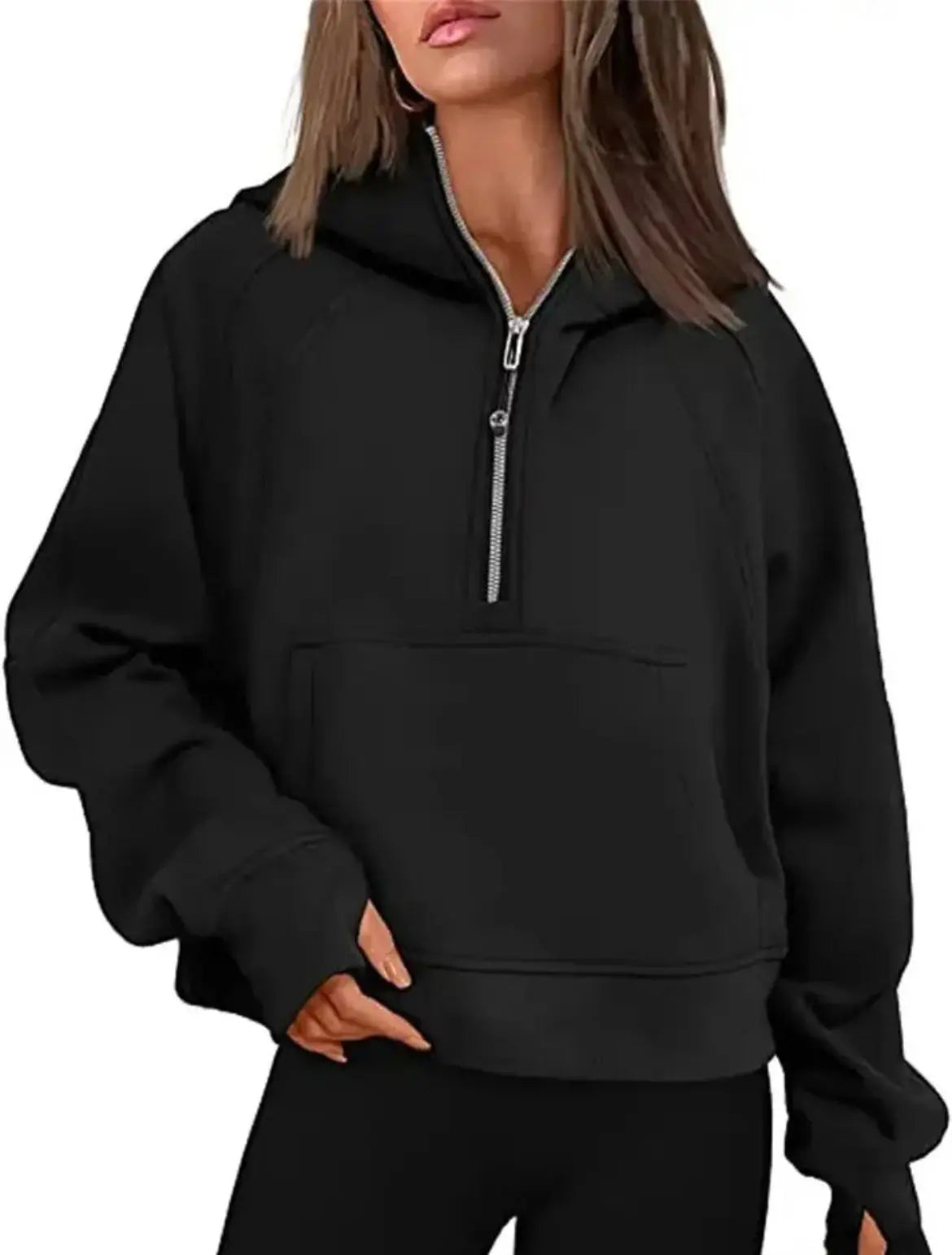 Double Take Half-Zip Thumbhole Sleeve Hoodie - Browsglamour