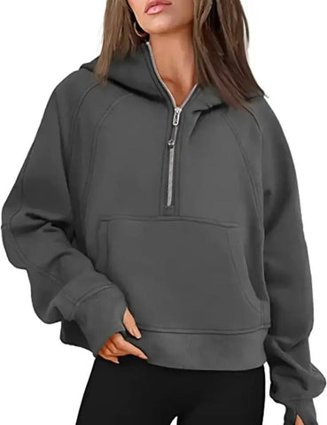 Double Take Half-Zip Thumbhole Sleeve Hoodie - Browsglamour