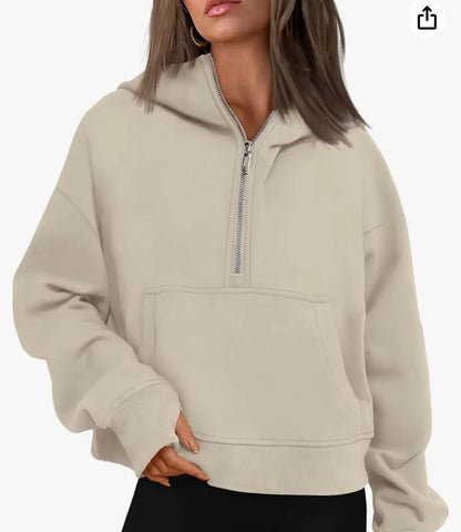 Double Take Half-Zip Thumbhole Sleeve Hoodie - Browsglamour