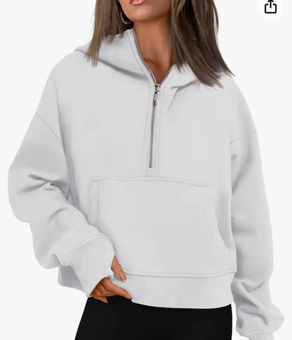 Double Take Half-Zip Thumbhole Sleeve Hoodie - Browsglamour