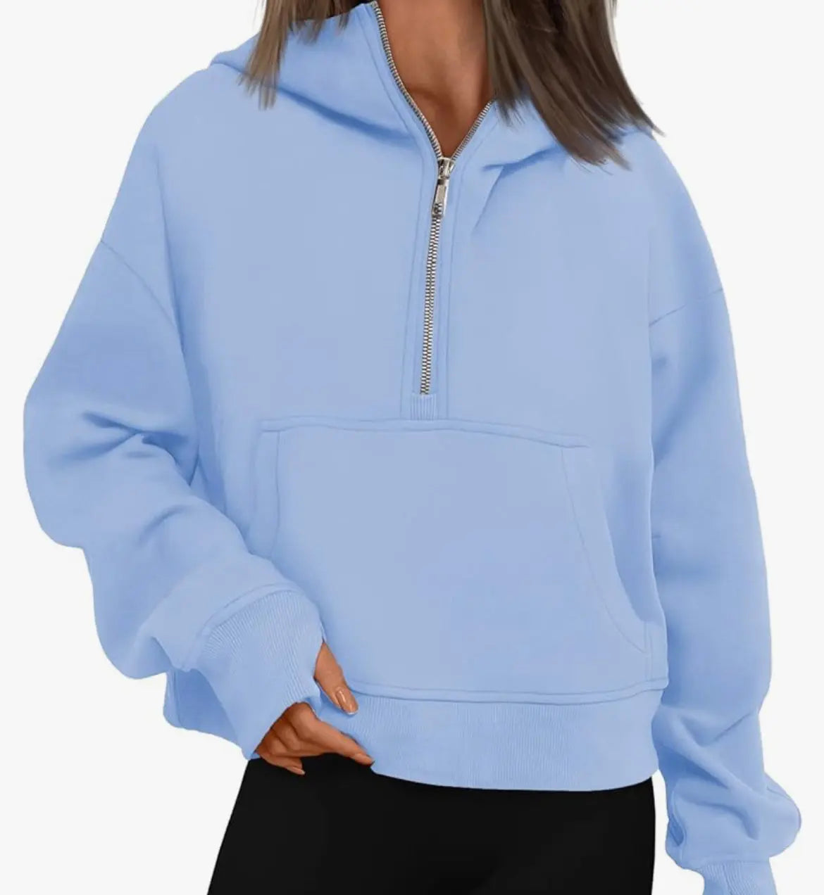 Double Take Half-Zip Thumbhole Sleeve Hoodie - Browsglamour