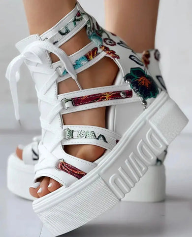 Floral Pattern Lace-Up Platform Wedges - Browsglamour