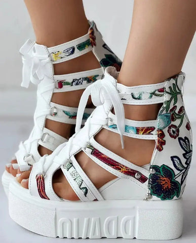 Floral Pattern Lace-Up Platform Wedges - Browsglamour