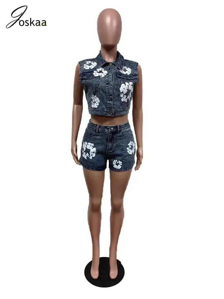 Flower Printed Stretch Blue Denim 2 Piece Short and Vest Shirt Set - Browsglamour